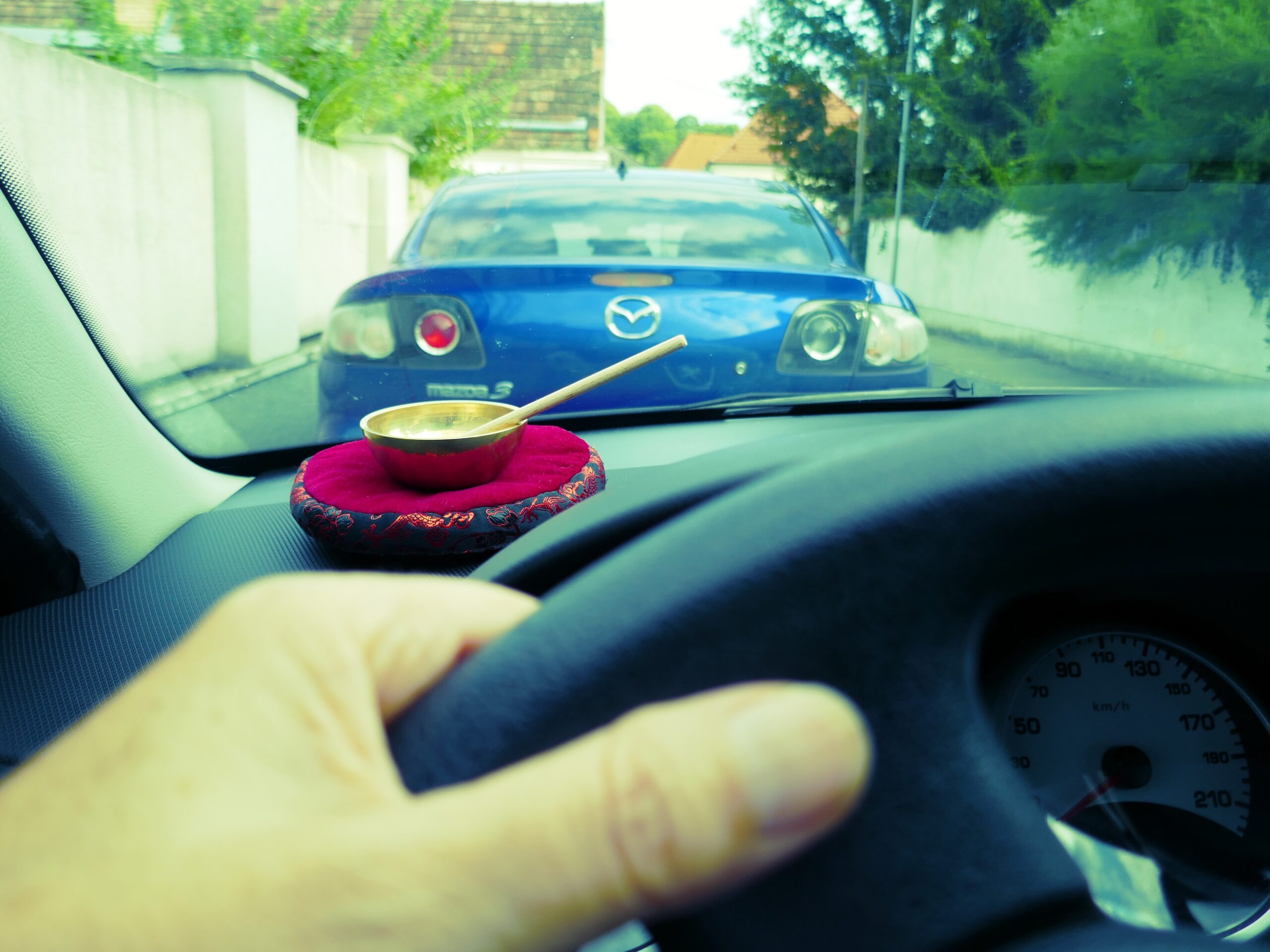 Blick aus einem fahrenden Auto mit einer Klangschale auf der Ablage
